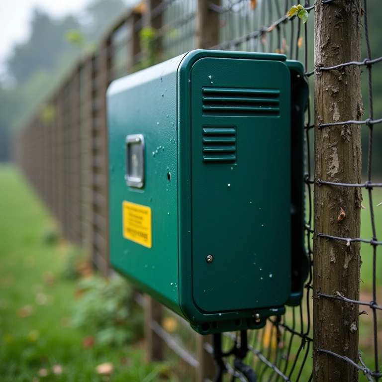 Eletrificador de cerca elétrica protegido da chuva.