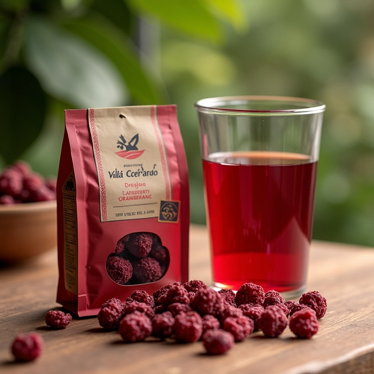 Embalagem de cranberries desidratadas Vila Cerrado com copo de suco.