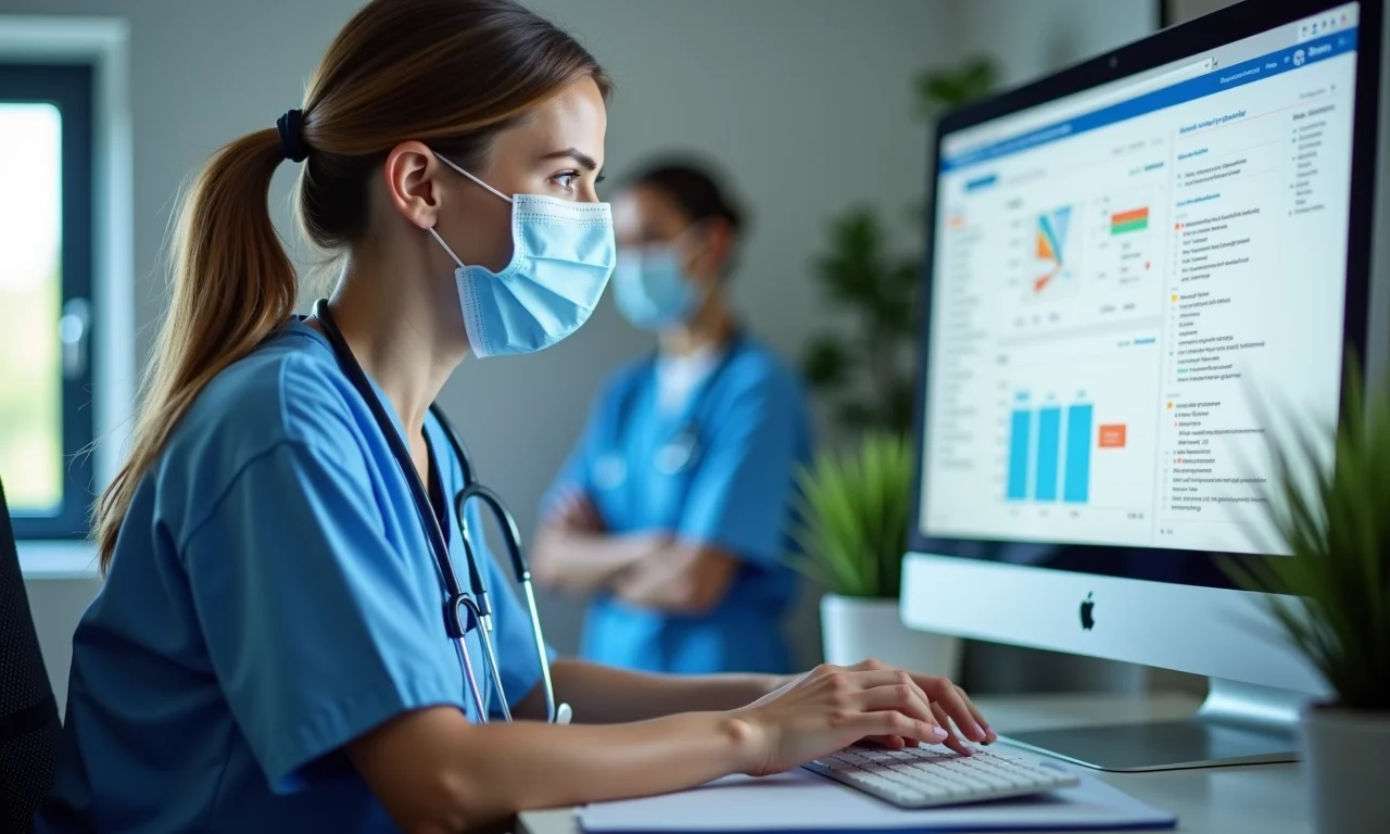Enfermeira analisando dados de desempenho da escala no computador.