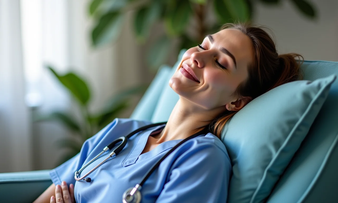 Enfermeira descansando confortavelmente durante pausa no trabalho.