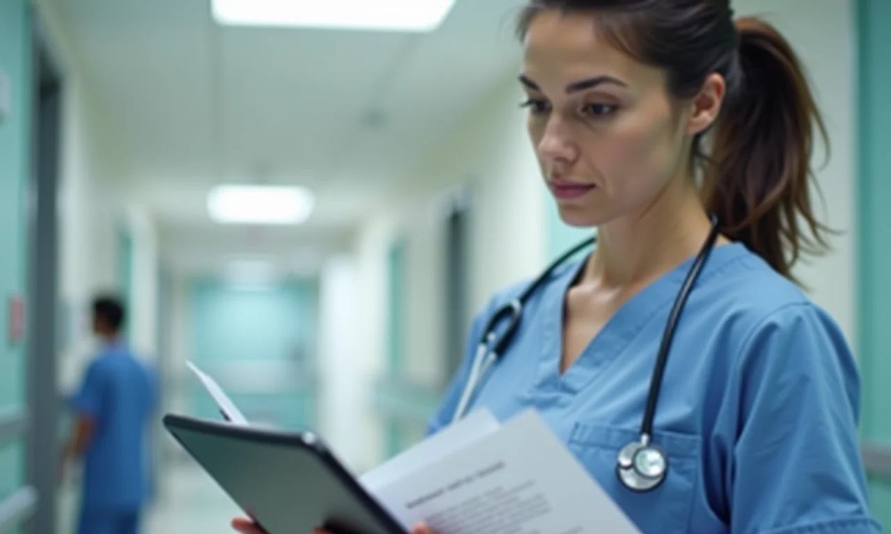 Enfermeira revisando legislação e normas para escalas de enfermagem.