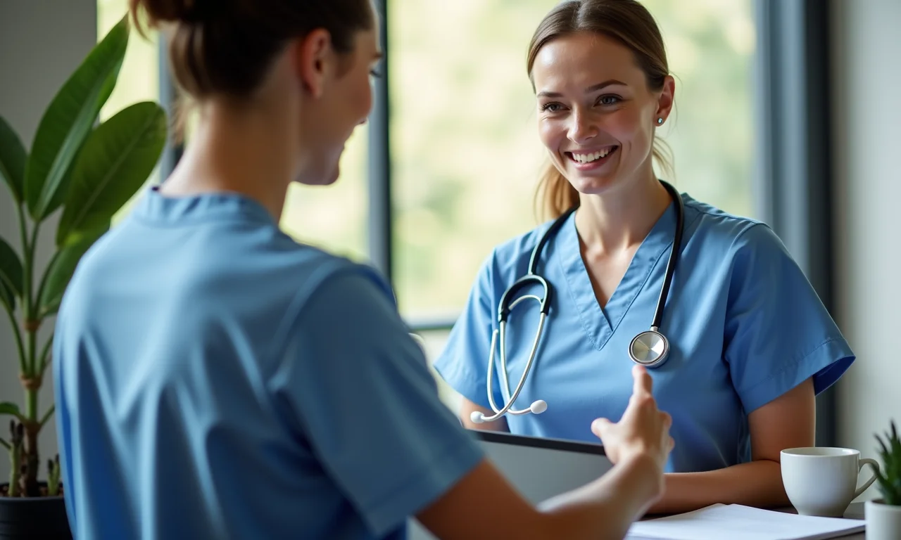 Enfermeira usando software de escala em tablet em escritório vibrante.