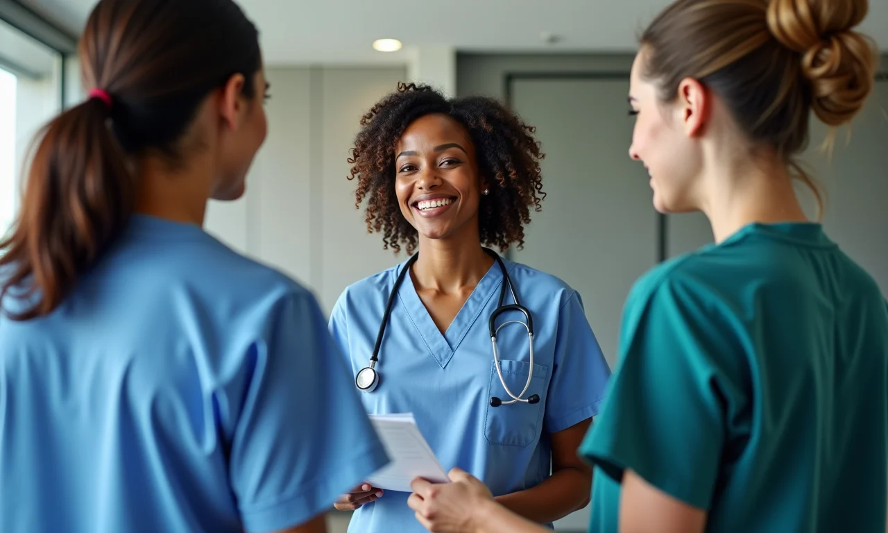 Enfermeiros diversos discutindo preferências de escala em ambiente aberto.