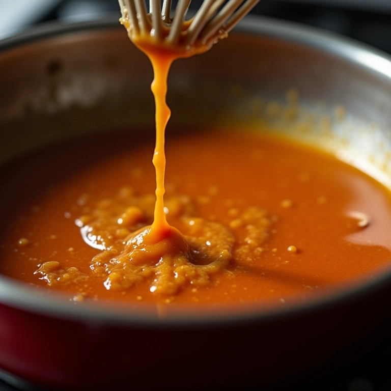 Engrossando o molho madeira em uma panela.