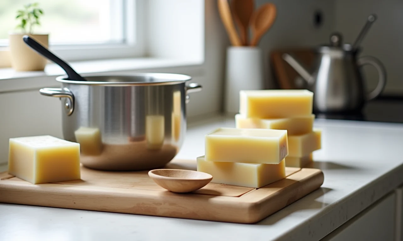 Equipamentos básicos para fazer sabonete: panela, termômetro e moldes de silicone.