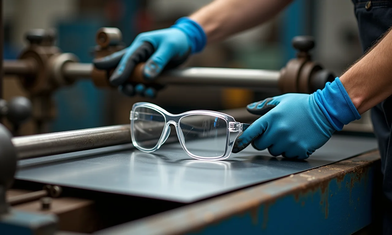 Equipamentos de segurança ao lado de uma calandra manual.