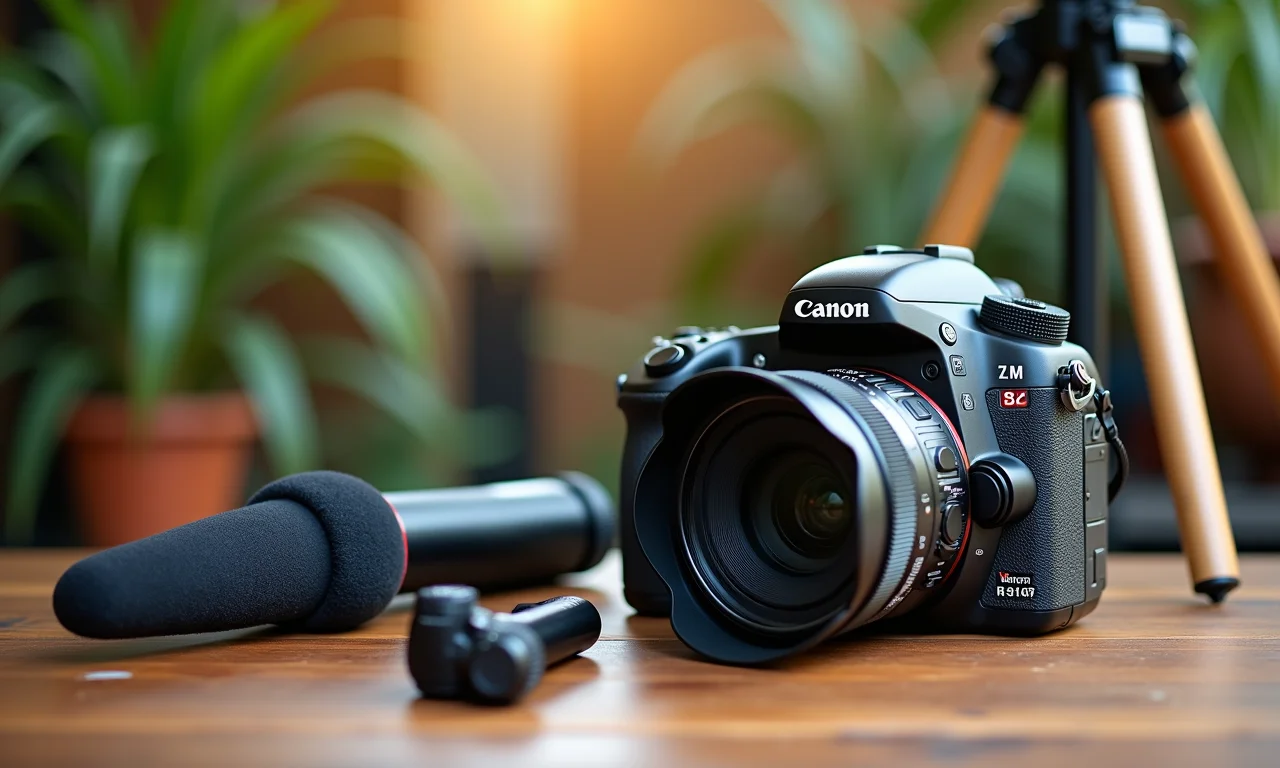 Equipamentos de vídeo (câmera, microfone, tripé) sobre mesa de madeira.