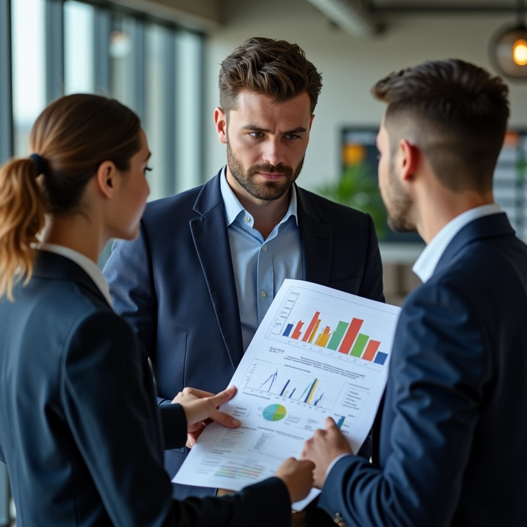 Equipe de negócios revisando relatório final de análise e discutindo conclusões.