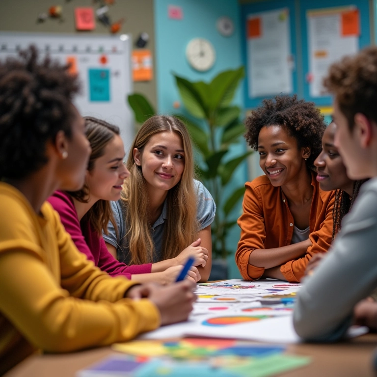 Equipe definindo o conceito de uma festa em ambiente criativo.
