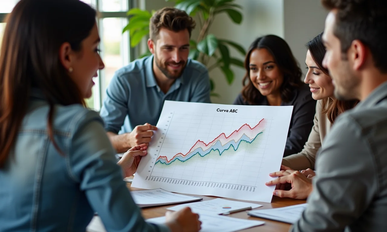 Equipe diversa analisando Curva ABC para gestão de estoque.
