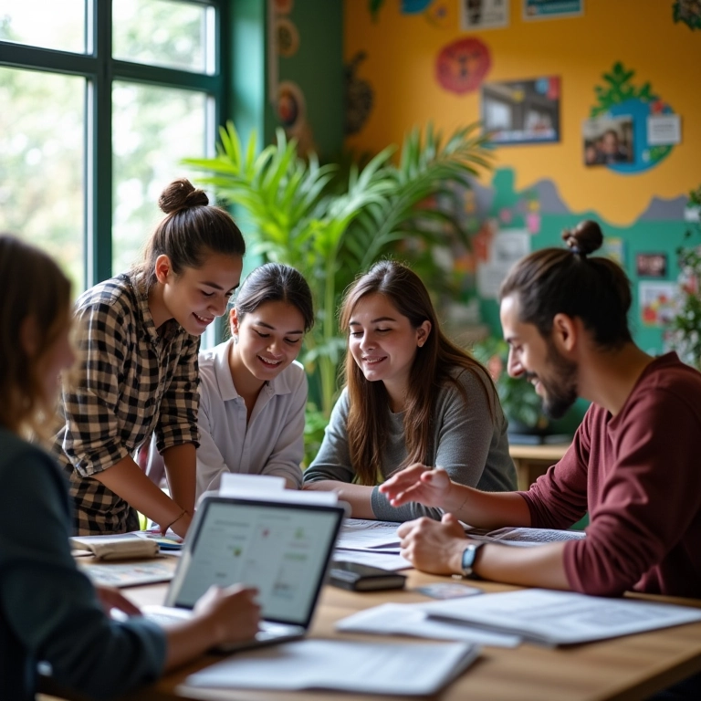 Equipe diversa coletando dados de diversas fontes em escritório colorido.