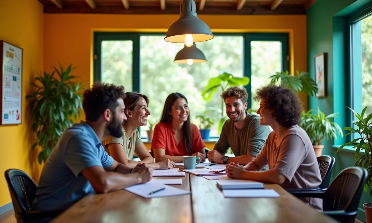 Equipe diversa discutindo em um escritório vibrante.