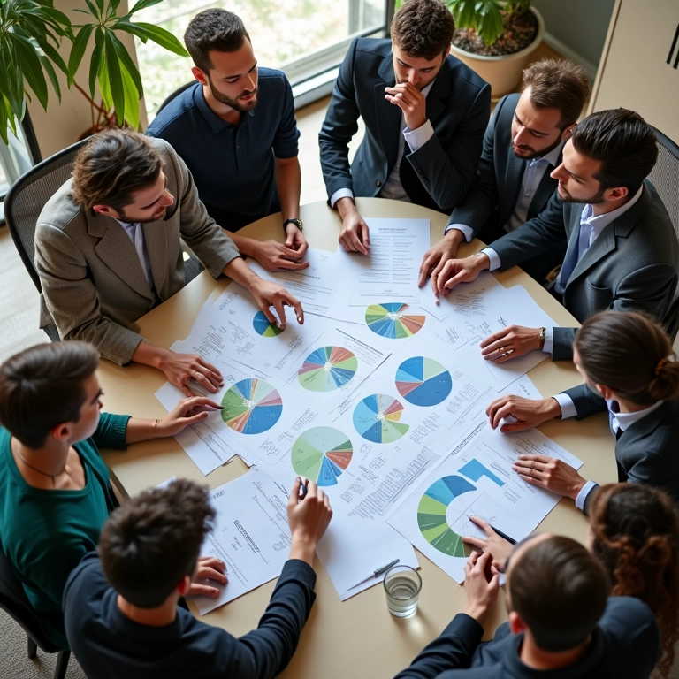 Equipe diversificada analisando gráficos de setores do Excel em reunião, em escritório estilo Farm Rio.