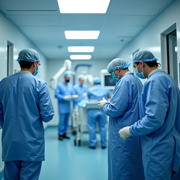 Equipe médica realizando colonoscopia em ambiente hospitalar.