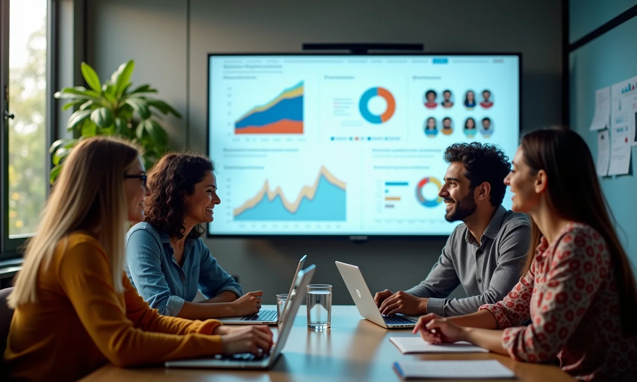 Equipe usando recursos visuais em apresentação.