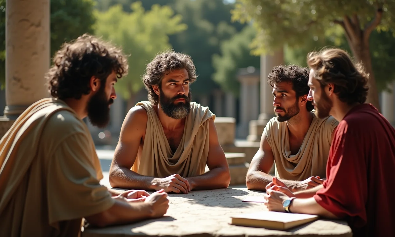 Eruditos gregos antigos discutindo o Teorema de Pitágoras em um cenário ao ar livre.
