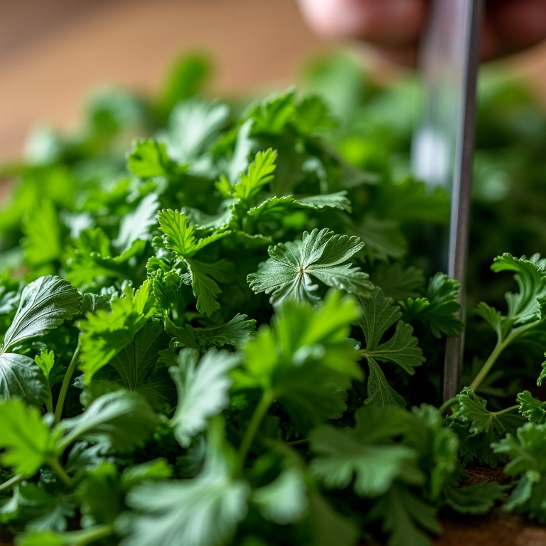 Ervas frescas e aromáticas sendo picadas para o tabule de quinoa.