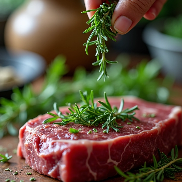 Ervas frescas sendo salpicadas sobre um bife, cores vibrantes.