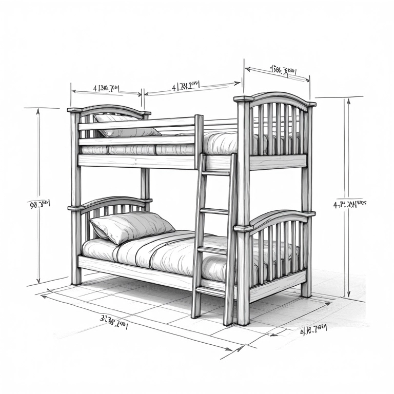 Esboço de um beliche com medidas e dimensões precisas.