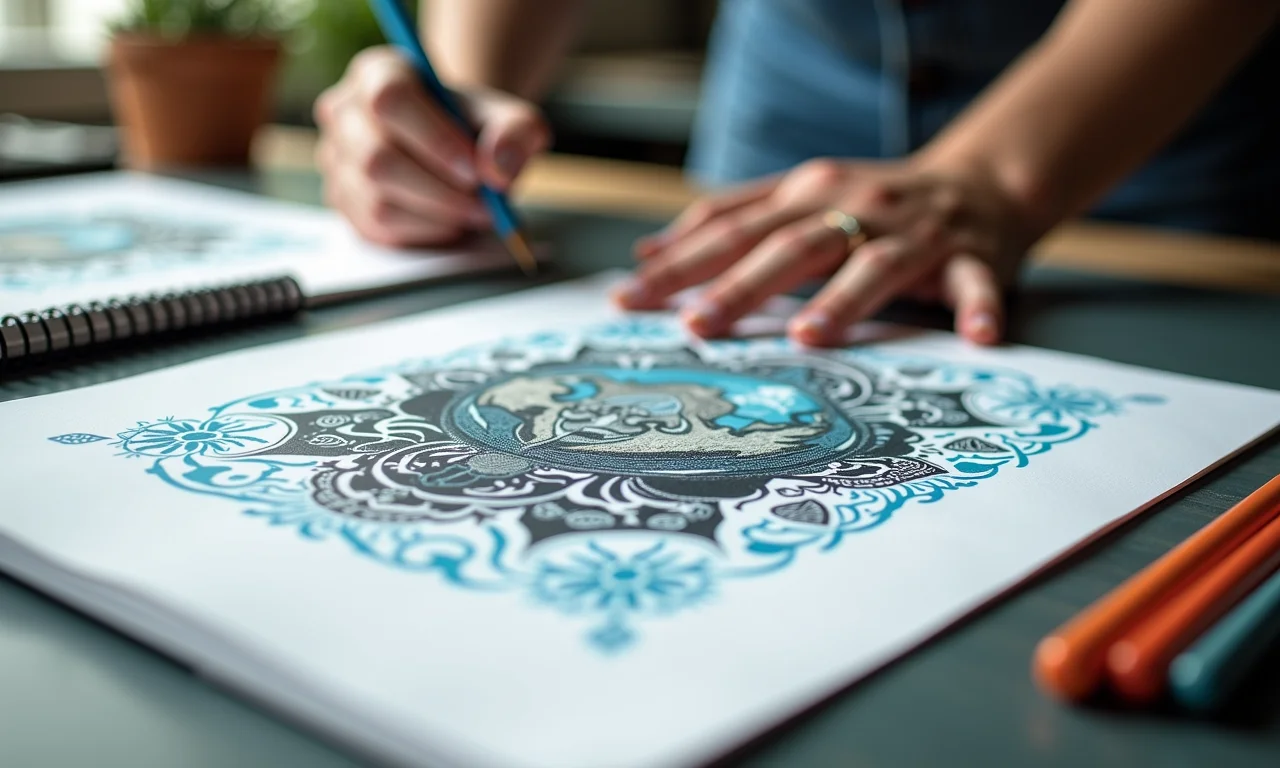 Esboços de design para serigrafia em um caderno.