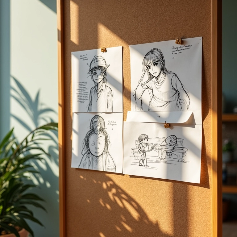 Esboços de storyboard fixados em cortiça.