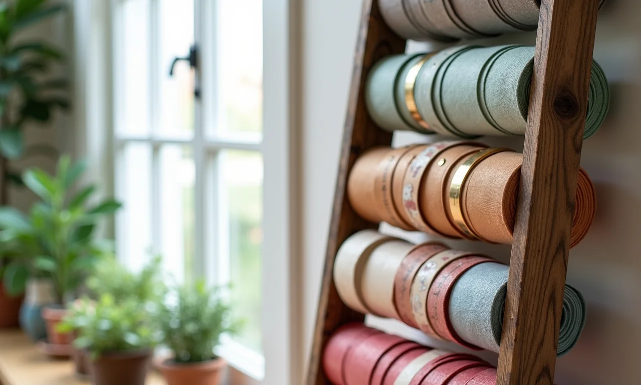 Escada decorativa como organizador de laços, estilo Farm Rio.