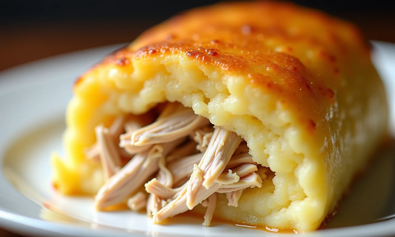 Escondidinho de mandioca com recheio de frango desfiado.