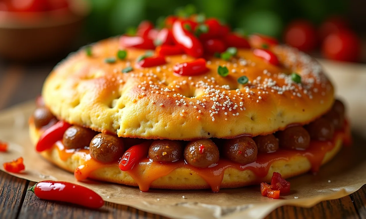 Escondidinho de mandioca com recheio de linguiça calabresa.