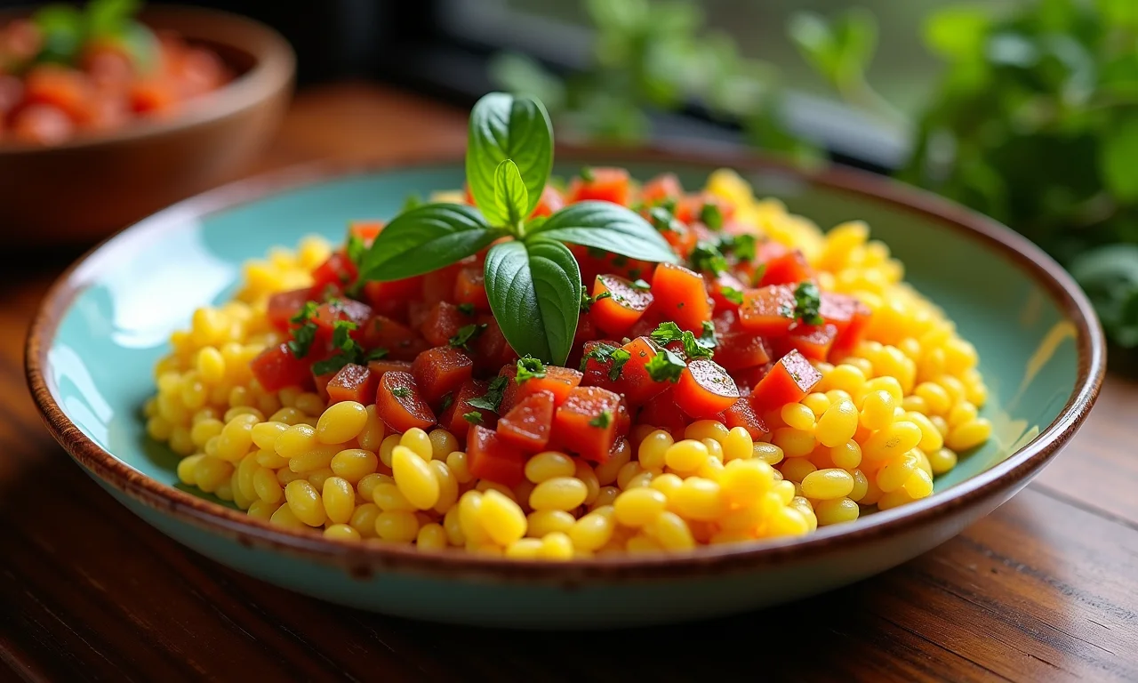 Escondidinho de mandioca servido com farofa e vinagrete.