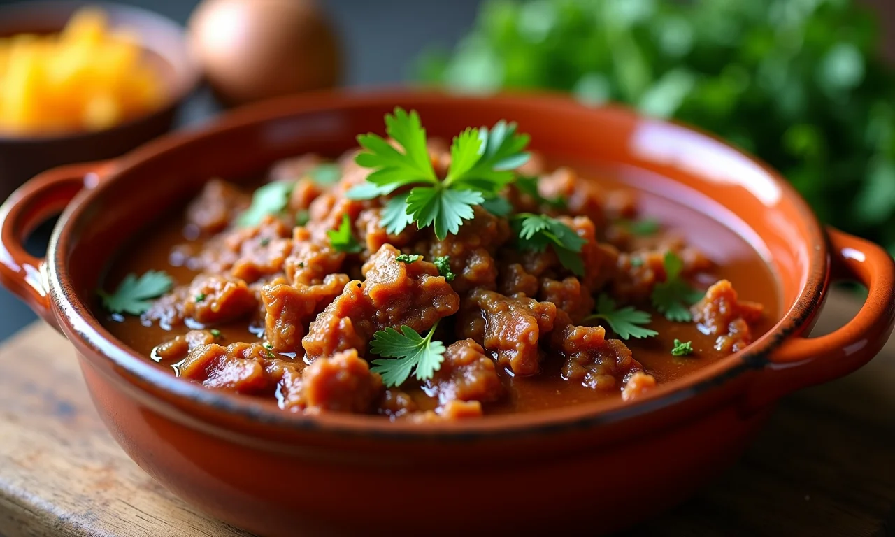 Escondidinho de pinhão com carne seca em travessa de cerâmica.
