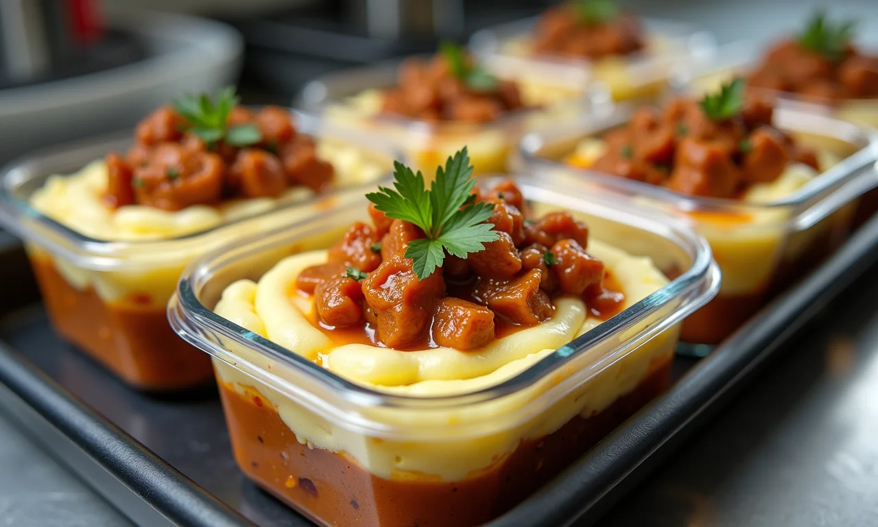 Escondidinho em porções individuais, pronto para congelar.