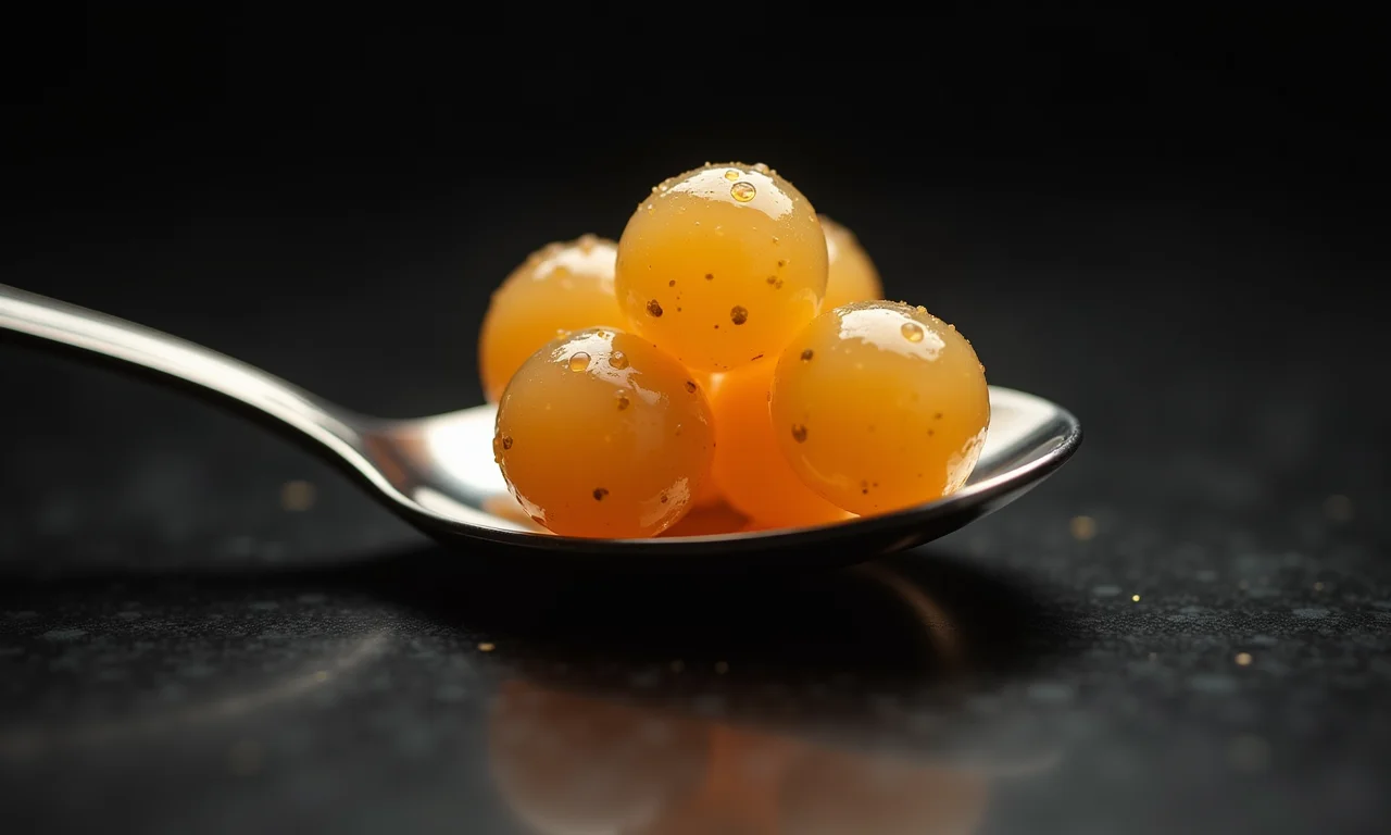 Esferificação Reversa: Bolhas de sabor com textura de caviar.