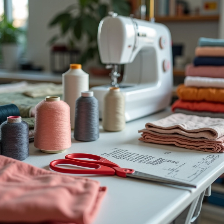 Espaço de costura organizado com tecidos, linhas e tesouras.