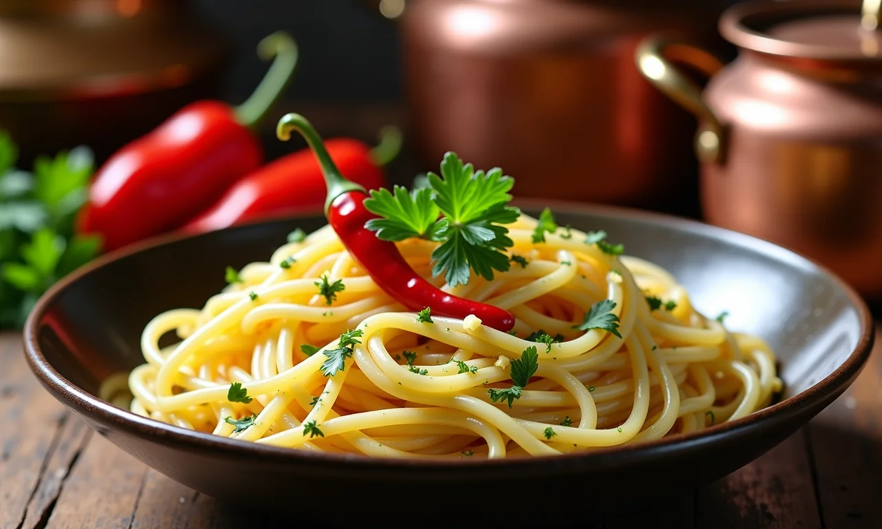 Espaguete com molho de alho e óleo, salsa picada e pimenta vermelha.