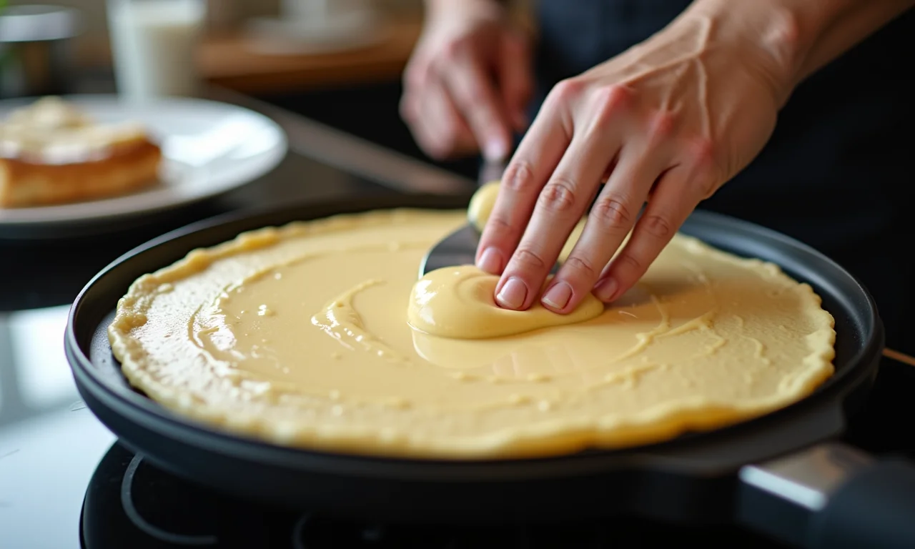 Espalhando a massa uniformemente na crepeira