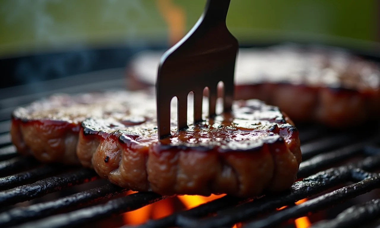 Espátula de churrasco de aço inoxidável virando um bife suculento na grelha.