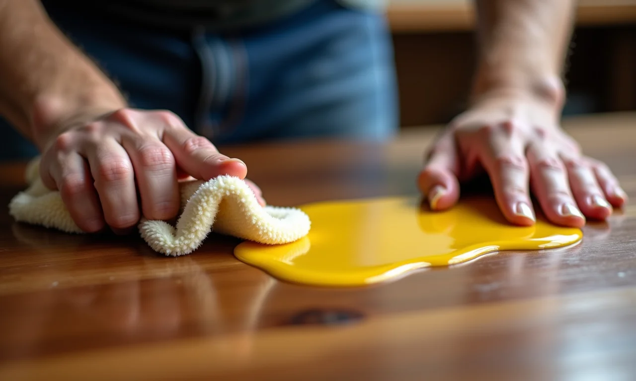 Especialista aplicando cera de carnaúba em madeira com um pano macio, brilho perfeito.