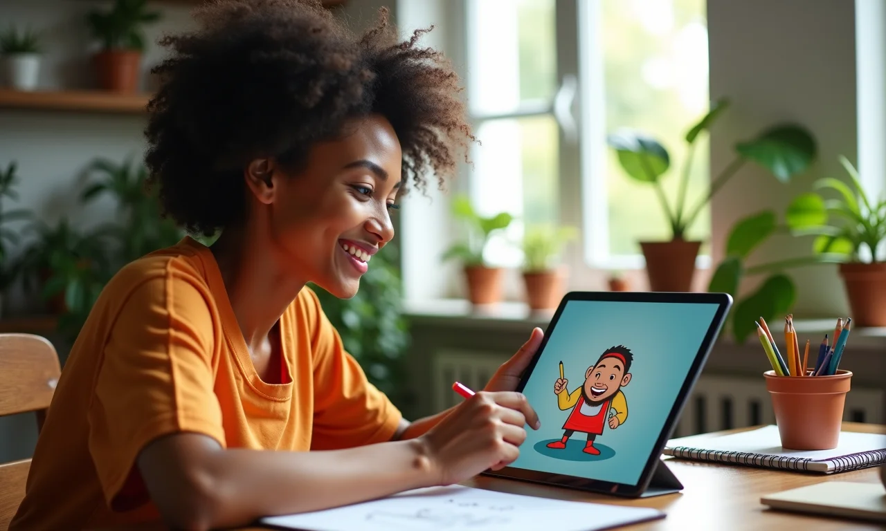 Especialista dando dicas de criação de mascotes em tablet.