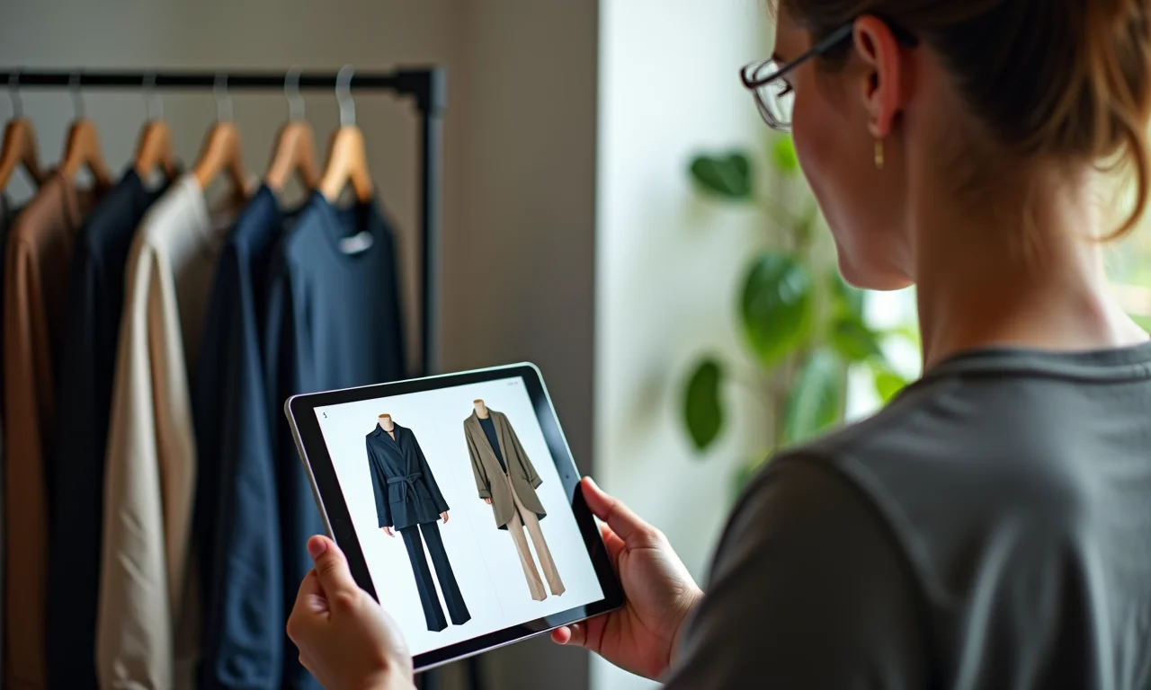 Especialista dando dicas de estilo, mostrando combinações de roupas em um tablet.