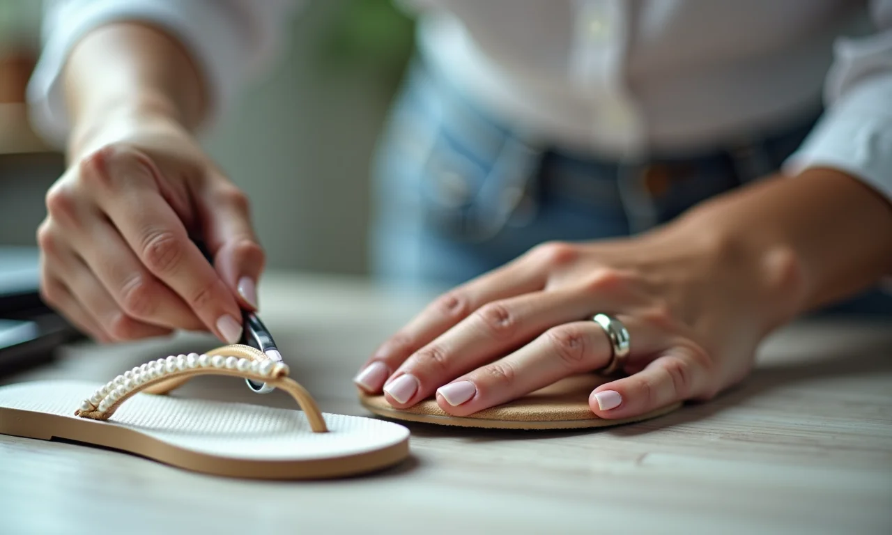 Especialista dando o acabamento impecável em chinelo de pérolas.