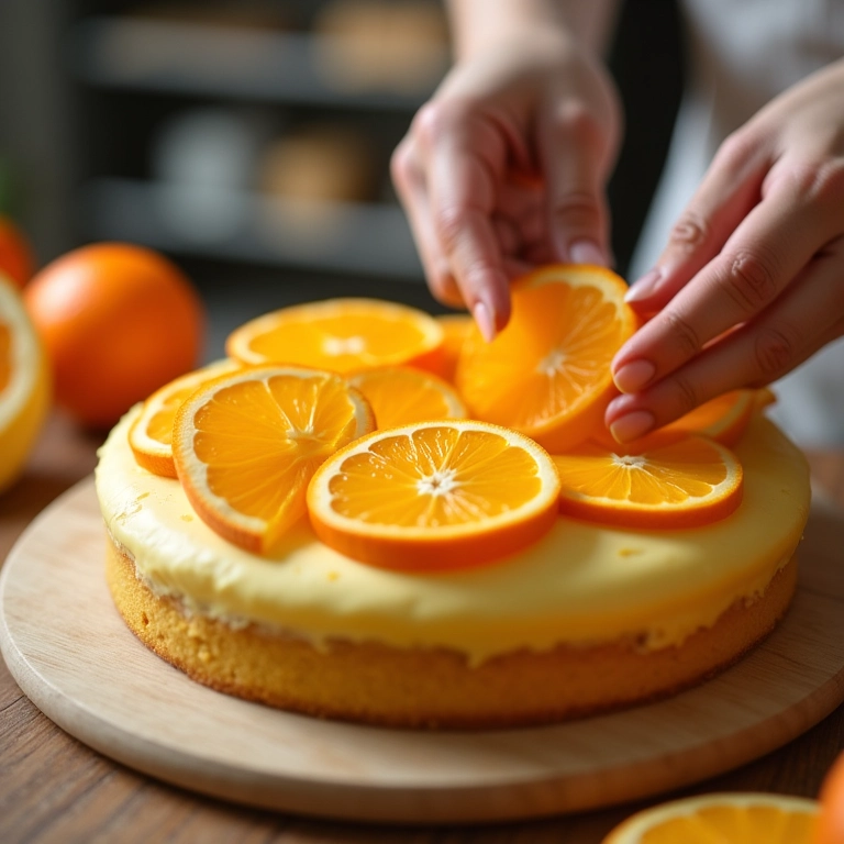 Especialista decorando bolo de laranja com fatias de laranja.