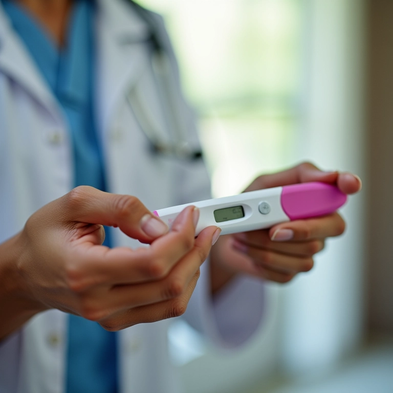 Especialista demonstrando o uso do teste de gravidez digital