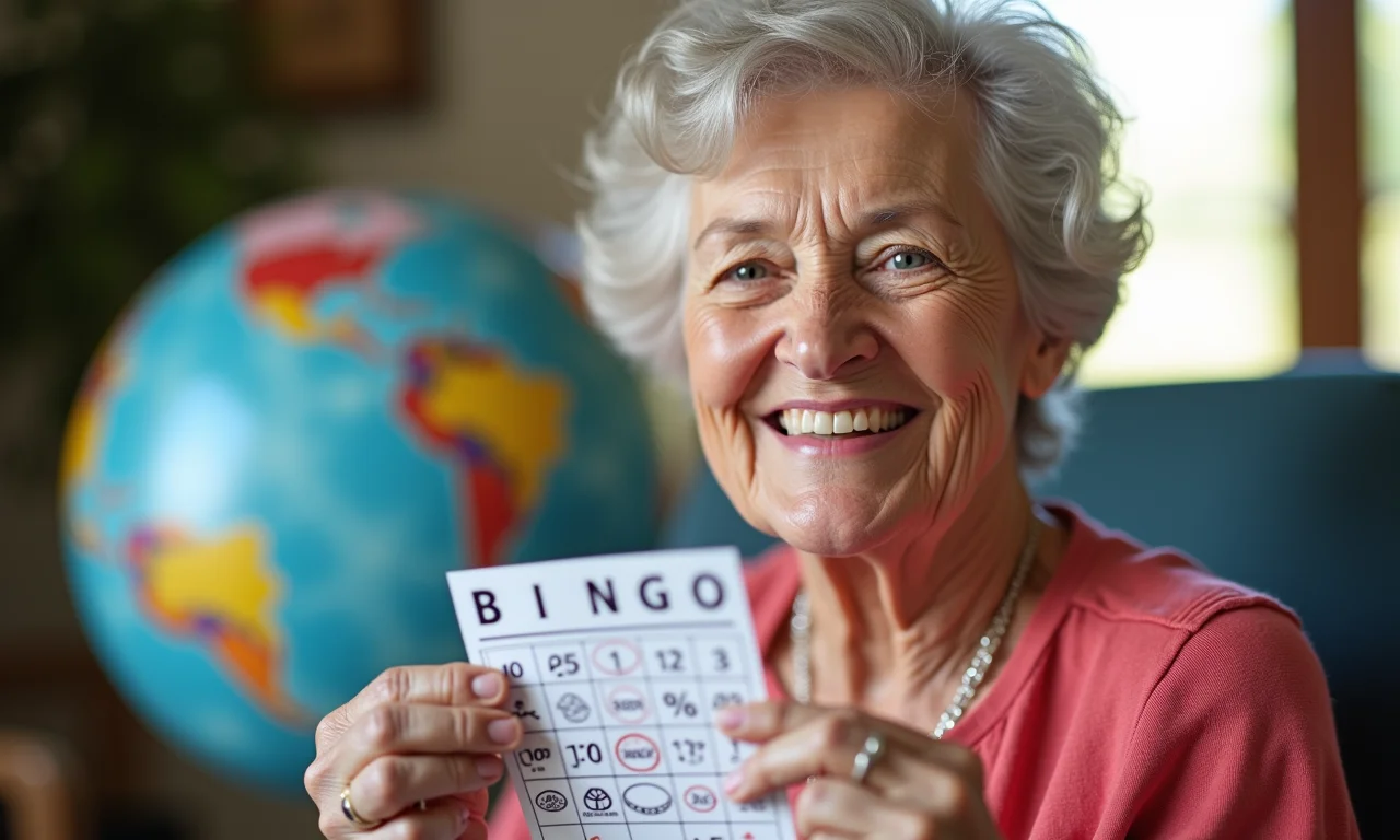 Especialista em bingo sorrindo com cartela e marcador.