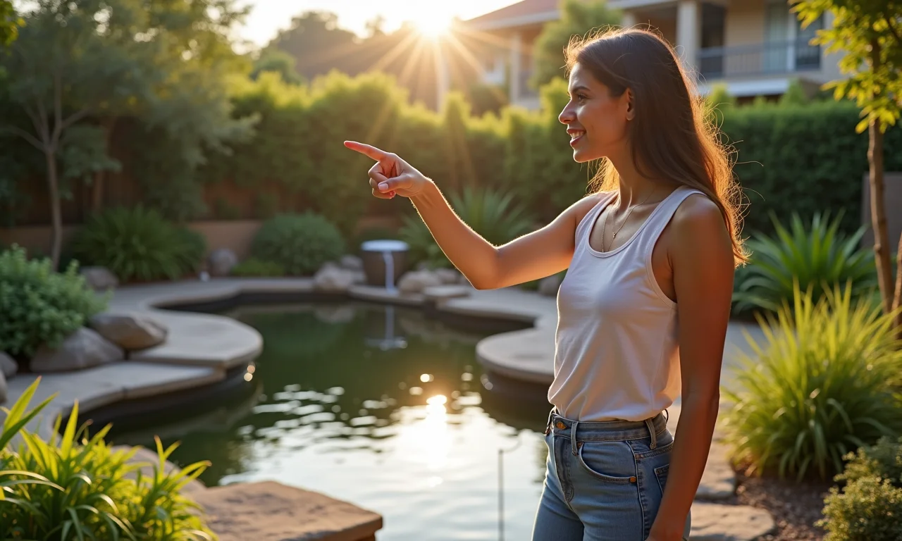 Especialista em construção de laguinhos dando dicas em um jardim ensolarado.