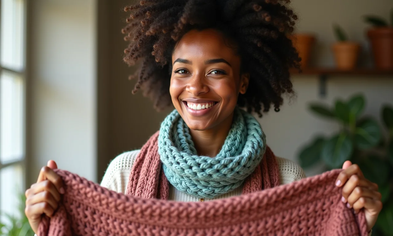 Especialista em crochê sorrindo e segurando um cachecol.