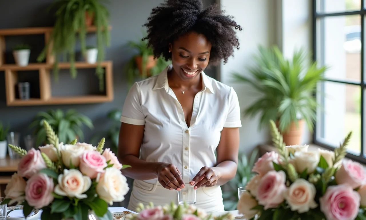 Especialista em decoração de casamento organizando centros de mesa.