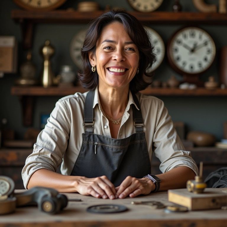 Especialista em relógios, sorrindo confiantemente.