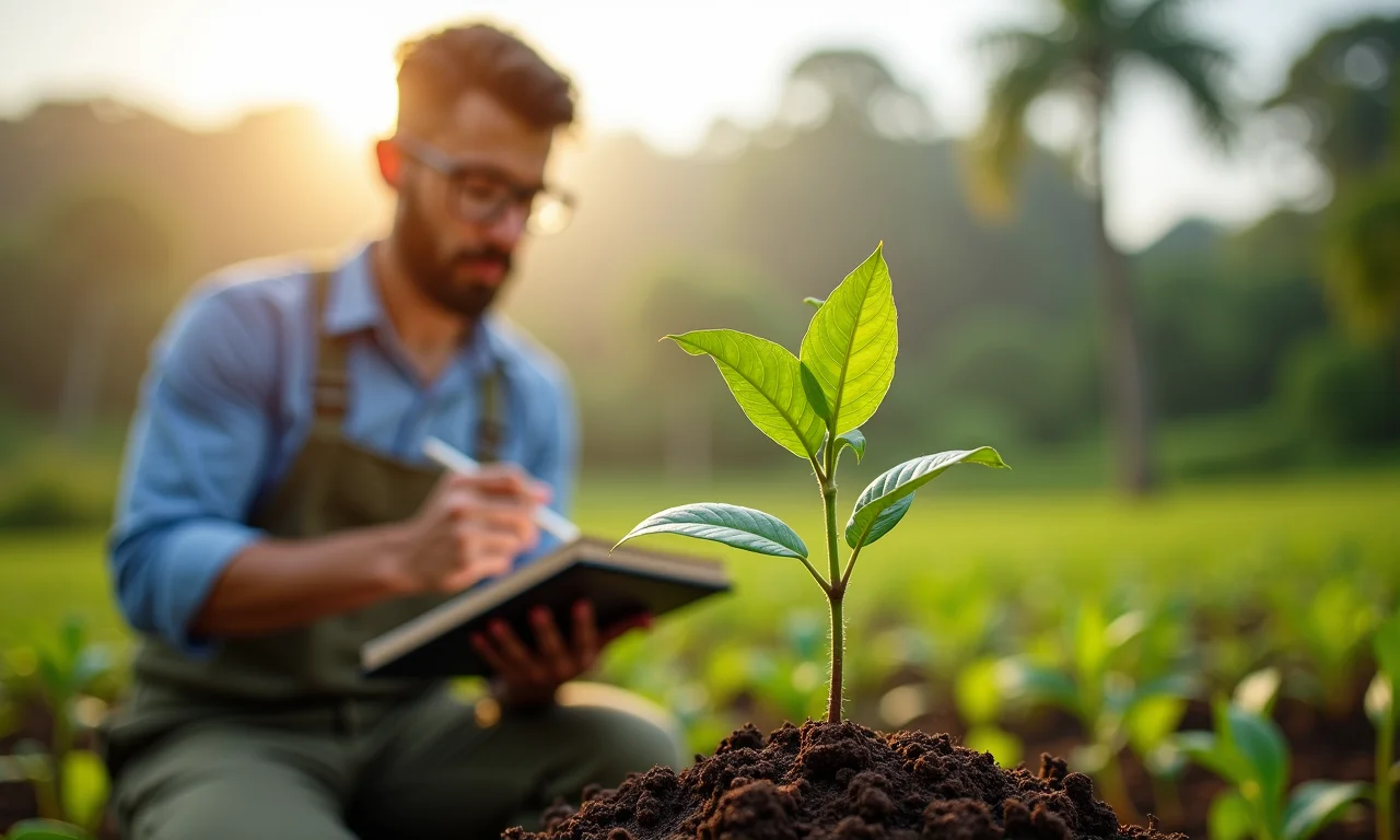 Especialista examinando muda de pupunha saudável.