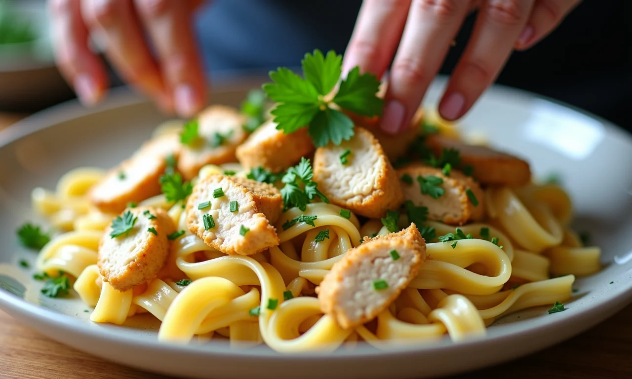 Especialista finalizando macarrão com frango e creme de leite com salsa fresca.