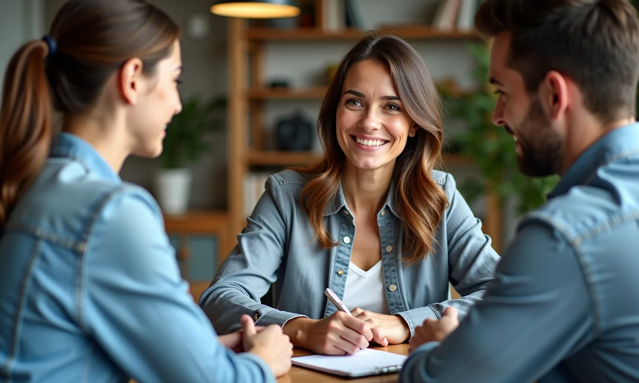 Especialista financeira aconselhando jovem casal sobre planejamento para a aposentadoria.